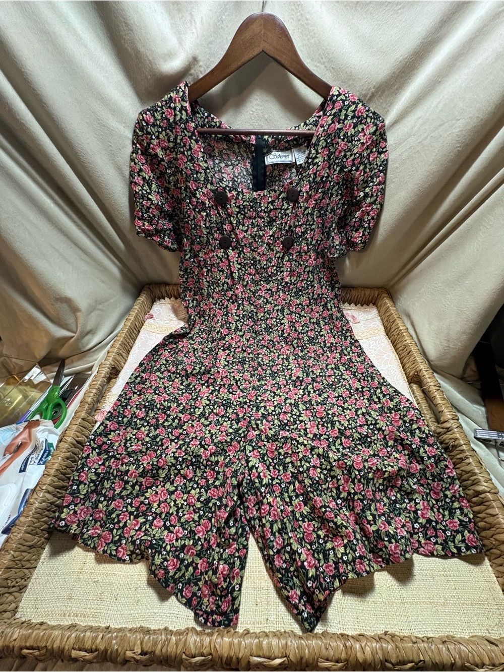 Vintage 90s Schemes Floral Rayon Romper Cottagecore Puff Sleeve Size 10